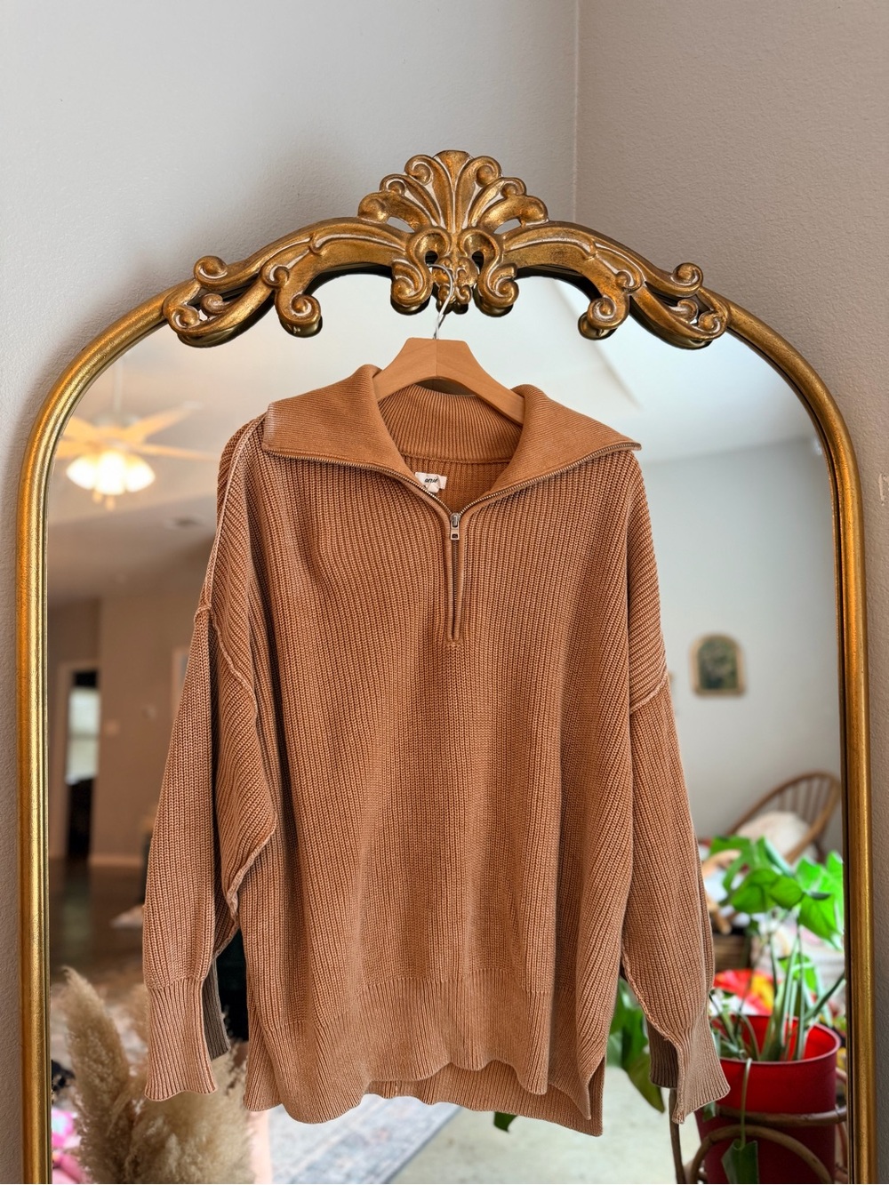 Aerie tan ribbed oversized collared sweater medium